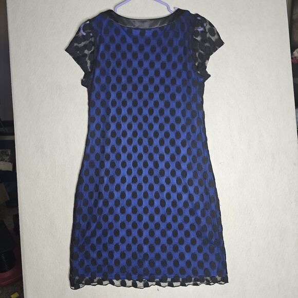 Enfocus Studio Blue Dress Women Size 12 Black Polka Dot Mesh Layer w Pockets - Picture 10 of 10
